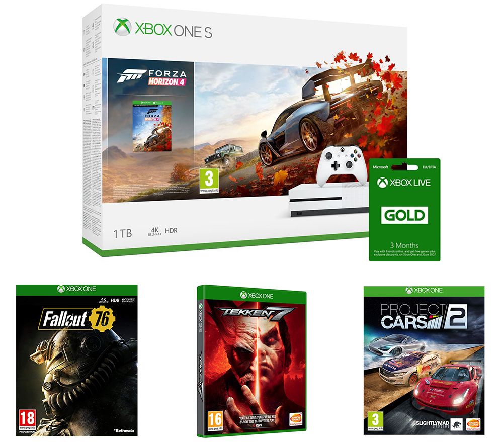 MICROSOFT Xbox One S, Forza Horizon 4, Project Cars 2, Tekken 7, Fallout 76 & LIVE Gold 3 Month Subscription Bundle, Gold