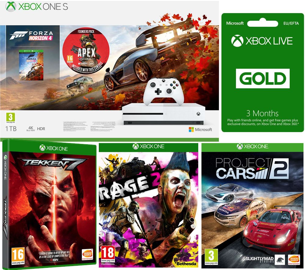 MICROSOFT Xbox One S, Forza Horizon 4, Apex Legends, Rage 2, Project Cars, Tekken 7 & 3 Months LIVE Gold Bundle, Gold