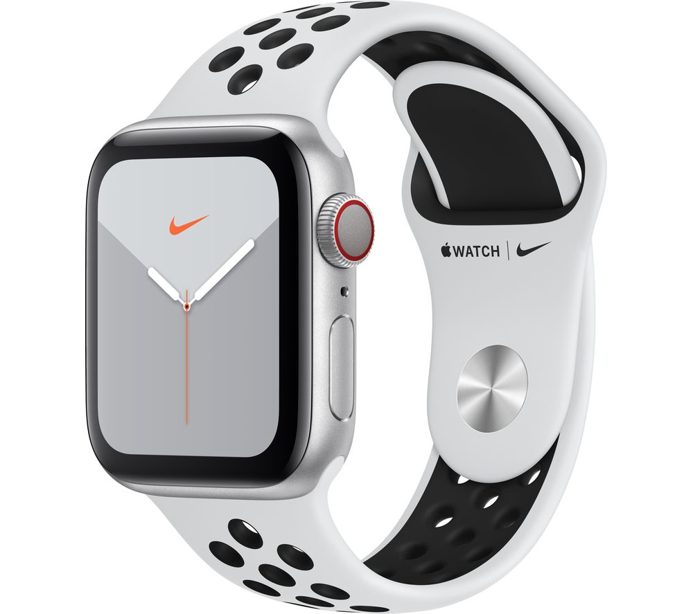 APPLE Watch Series 5 Cellular - Silver Aluminium with Platinum & Black Nike Sports Band, 40 mm, Silver