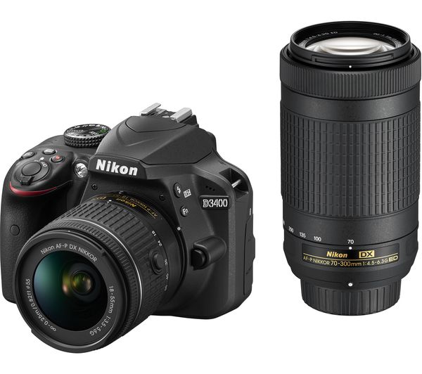 NIKON D3400 DSLR Camera with DX 18-55 mm f/3.5-5.6G & DX 70-300 mm f/4.5-6.3G ED Lens - Black, Black