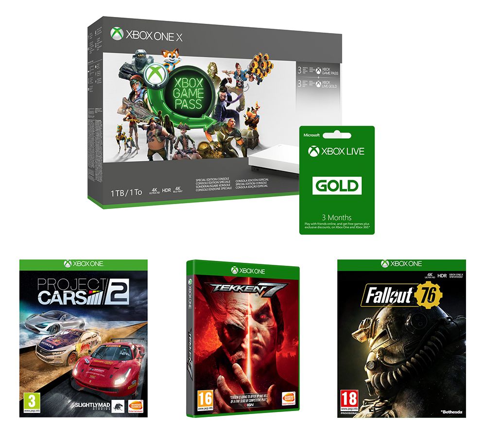 MICROSOFT Xbox One X, Game Pass, LIVE Gold Membership x 2, Fallout 76, Tekken 7 & Project Cars 2 Bundle, Gold