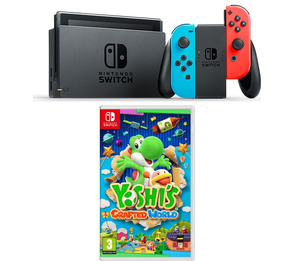 NINTENDO Switch Neon Red & Blue with Yoshi's Crafted World Bundle, Neon