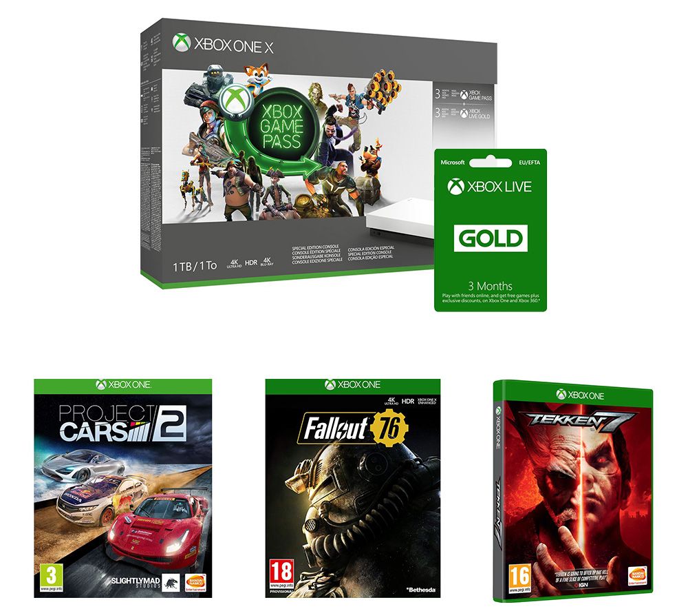 MICROSOFT Xbox One X with Project Cars 2, Tekken 7, Fallout 76, 3 Month Game Pass & 6 Month LIVE Gold Membership Bundle, Gold