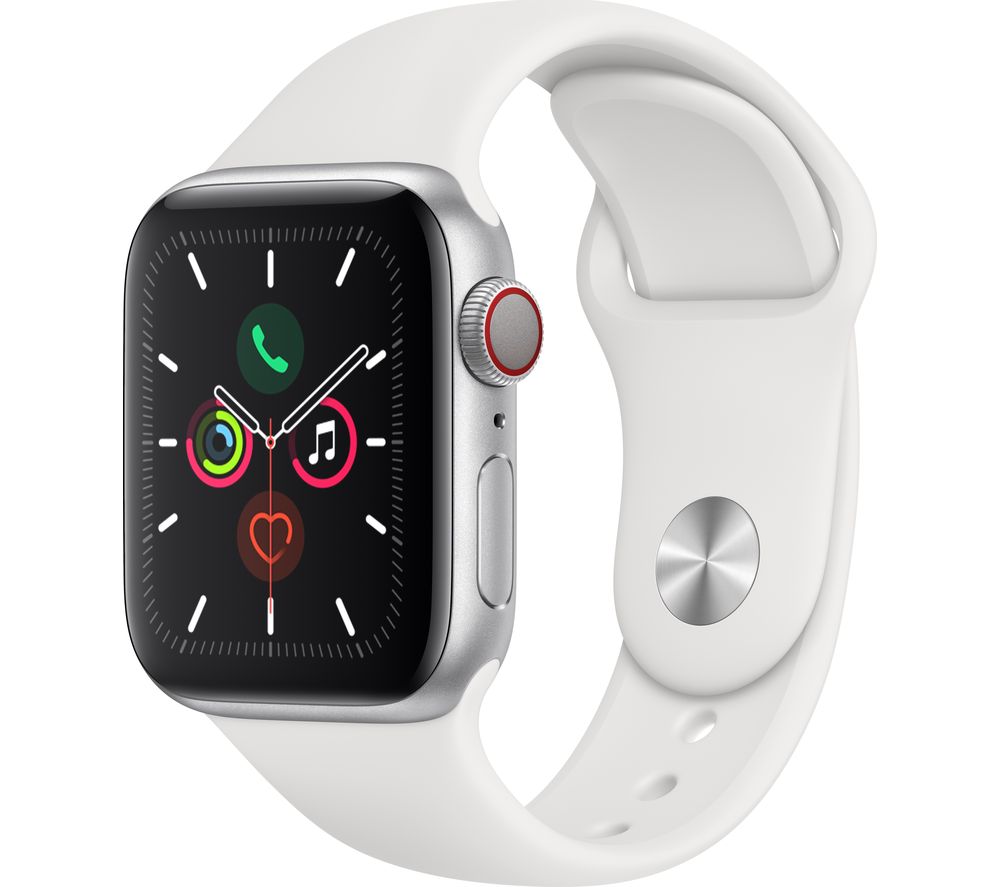 APPLE Watch Series 5 Cellular - Silver Aluminium with White Sports Band, 44 mm, Silver