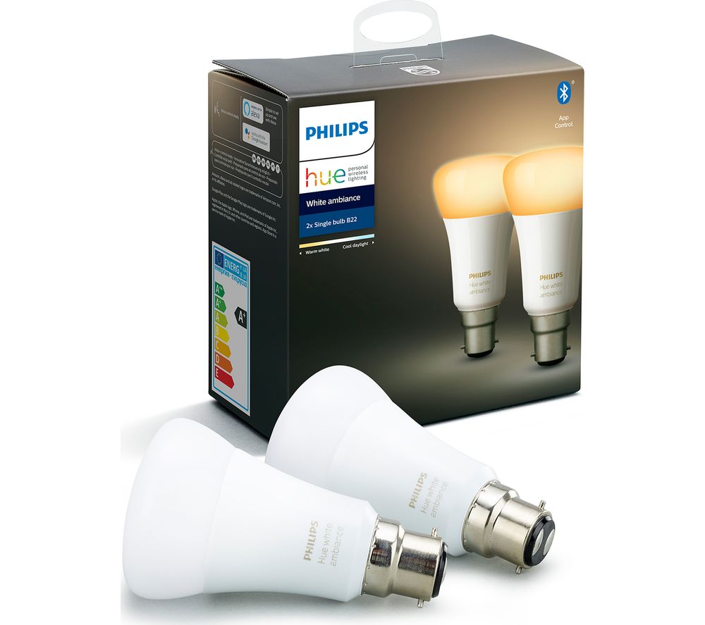PHILIPS HUE Hue White Ambience Bluetooth LED Bulb - Twin Pack, B22, White
