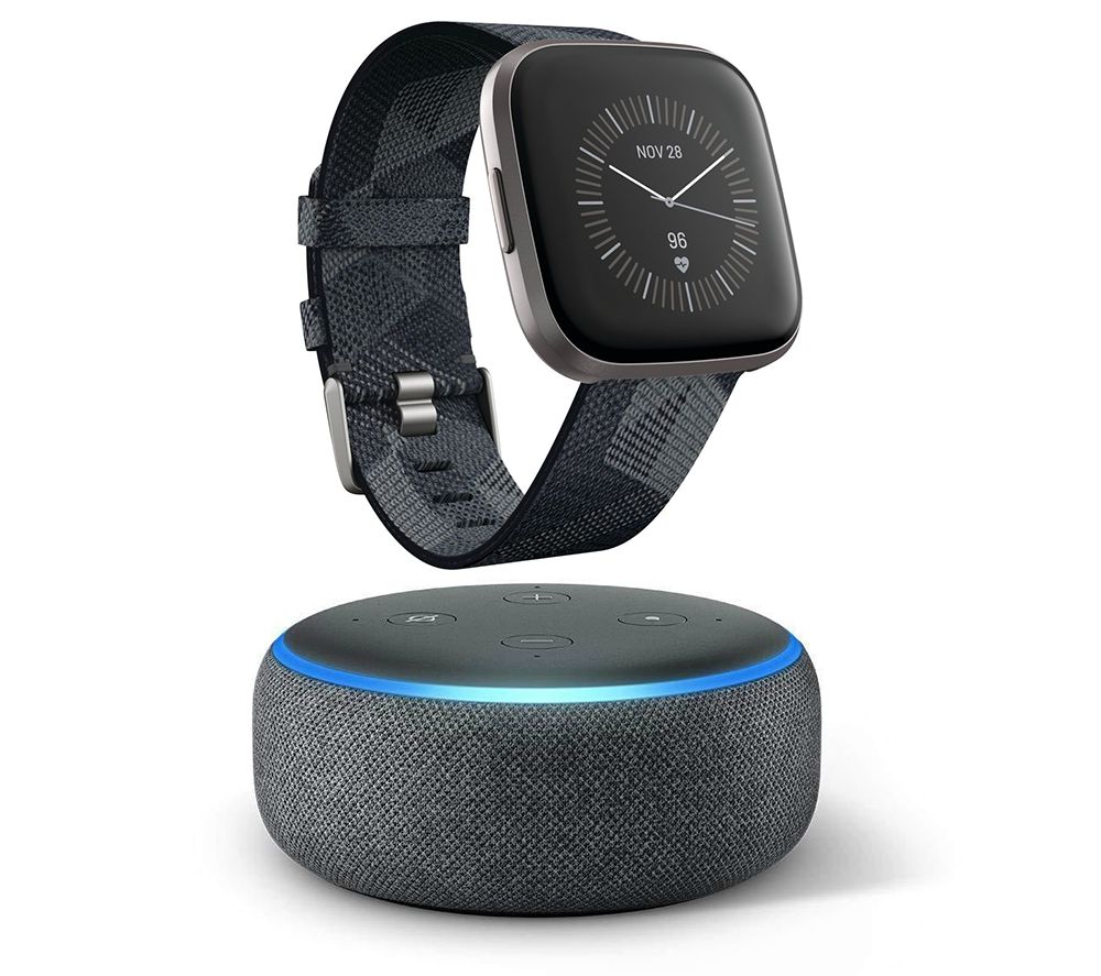 FITBIT Versa 2 Special Edition with Amazon Alexa & Echo Dot (2018) Charcoal Bundle - Woven Strap, Black & Grey, Charcoal