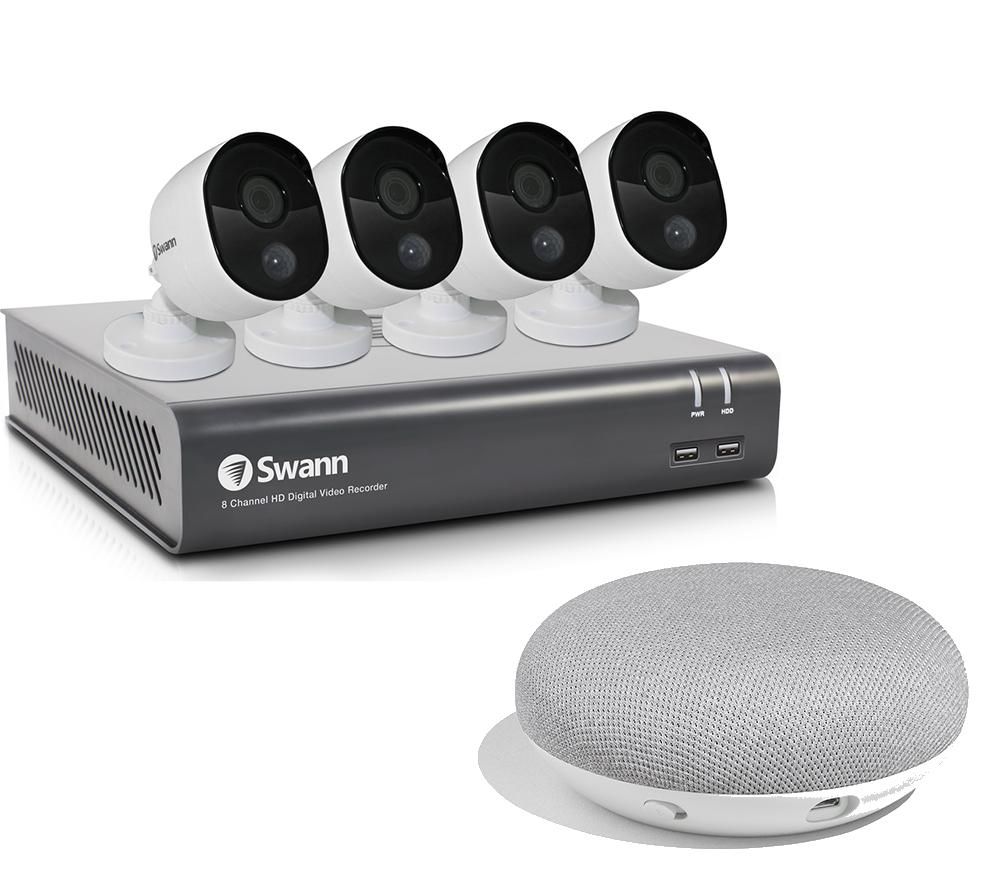 SWANN Full HD 1080p Smart Security System & Google Home Mini - 1 TB DVR, 4 Cameras