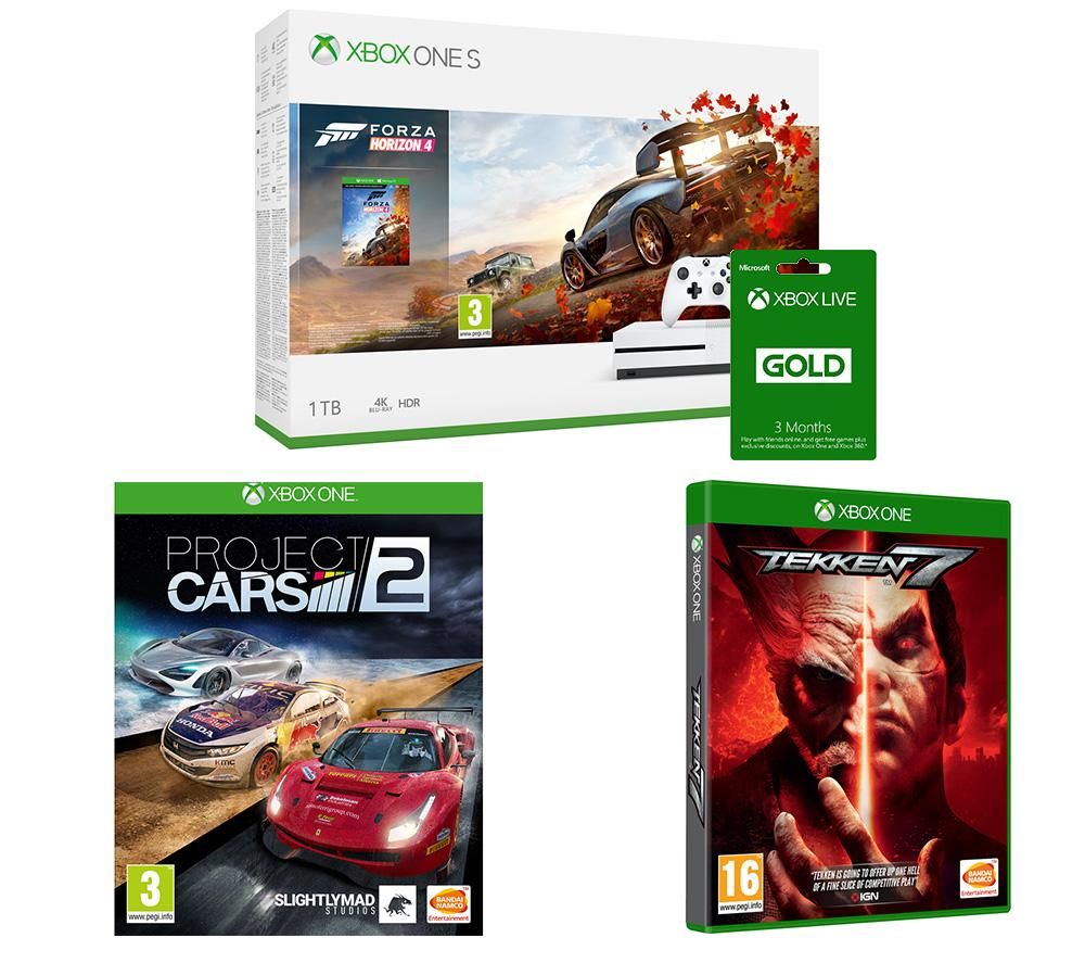 MICROSOFT Xbox One S, Forza Horizon 4, Tekken 7, Project Cars 2 & Xbox LIVE Gold Bundle, Gold