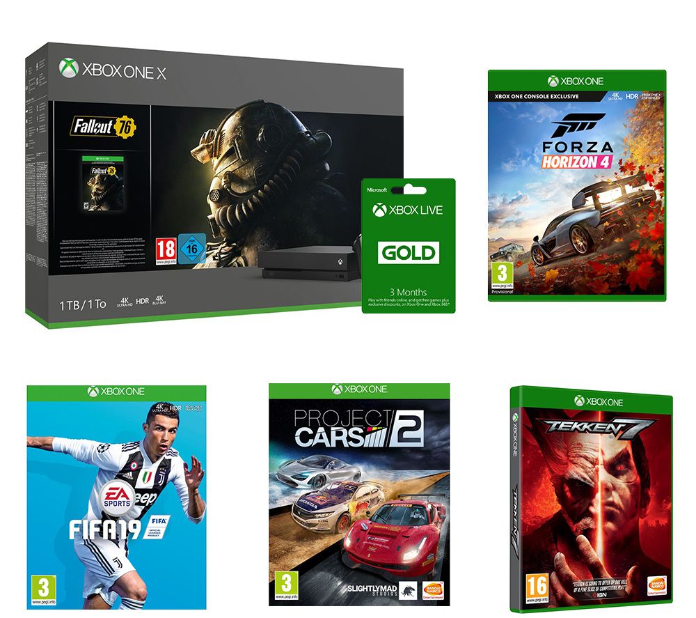MICROSOFT Xbox One X, LIVE Gold Membership, Fallout 76, Tekken 7, FIFA 19, Forza Horizon 4 & Project Cars 2 Bundle, Gold