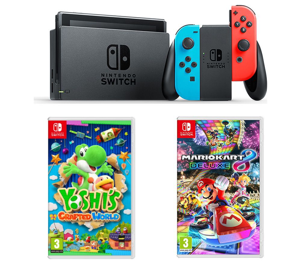 NINTENDO Switch Neon Red & Blue, Yoshi's Crafted World & Mario Kart 8 Deluxe Bundle, Neon