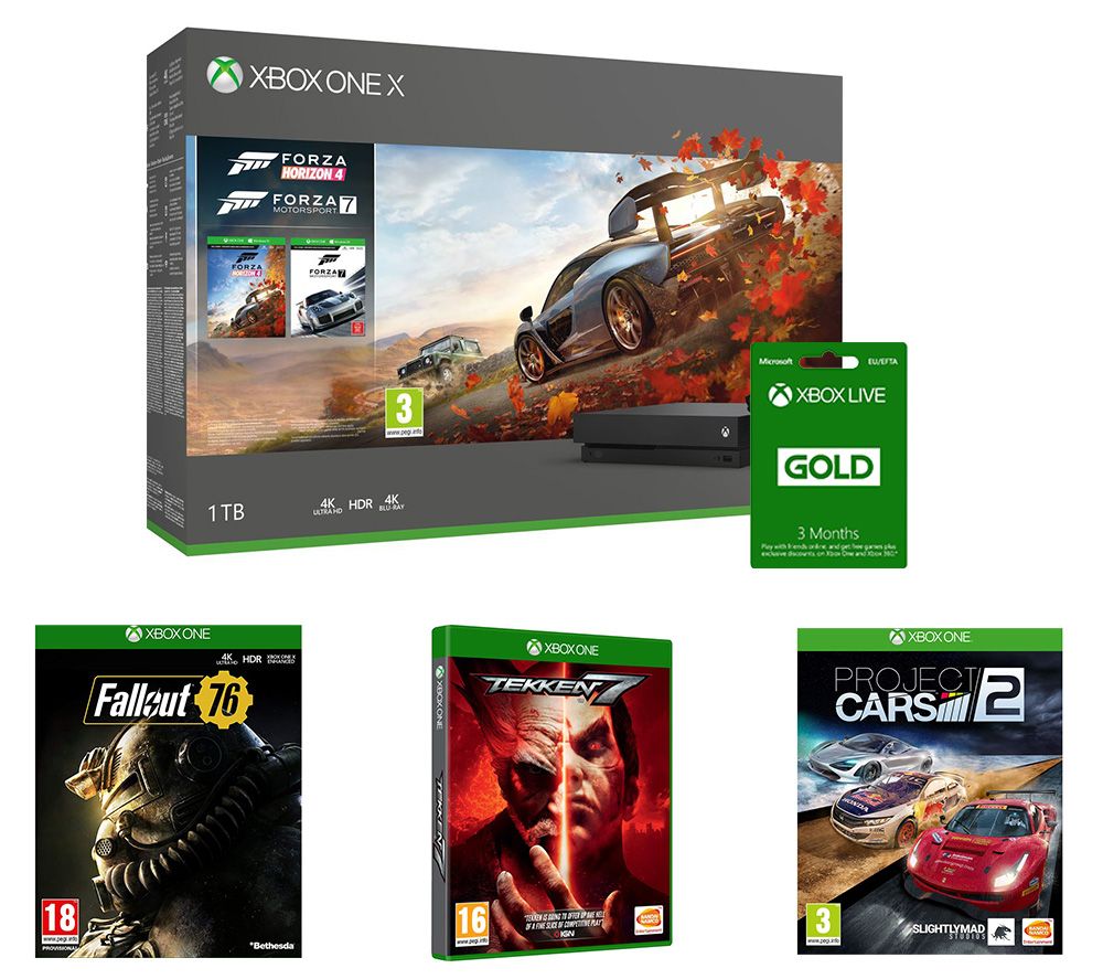 Microsoft Xbox One X, Forza Horizon 4, Forza Motorsport 7, Project Cars 2, Tekken 7, Fallout 76 & 3 Months LIVE Gold Bundle, Gold