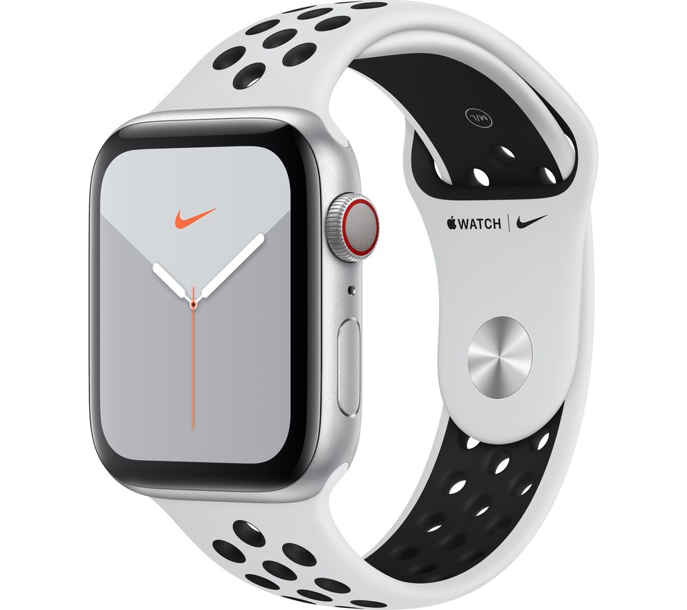 APPLE Watch Series 5 Cellular - Silver Aluminium with Platinum & Black Nike Sports Band, 44 mm, Silver