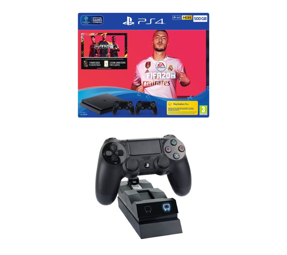 SONY Playstation 4 with FIFA 20, Two Wireless Controllers & Twin Docking Station Bundle - 500 GB