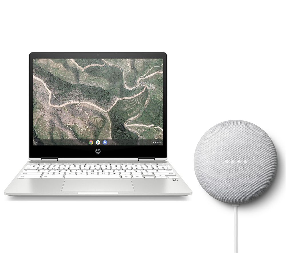 HP x360 12" 2 in 1 Chromebook & Chalk Google Nest Mini (2nd Gen) Bundle, Silver