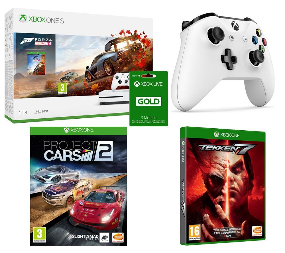 MICROSOFT Xbox One S, Forza Horizon 4, Tekken 7, Project Cars 2, Xbox LIVE Gold & Wireless Controller Bundle, Gold