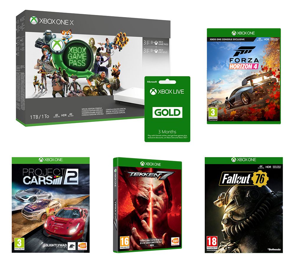 MICROSOFT Xbox One X, Game Pass, LIVE Gold Membership x 2, Fallout 76, Forza Horizon 4, Tekken & Project Cars Bundle, Gold