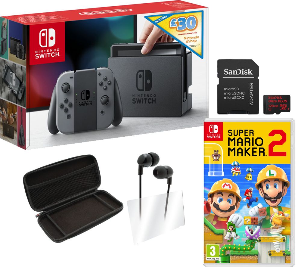 NINTENDO Switch Grey with £30 eShop Credit, Super Mario Maker 2, 128 GB Memory Card & Switch Starter Kit Bundle, Grey