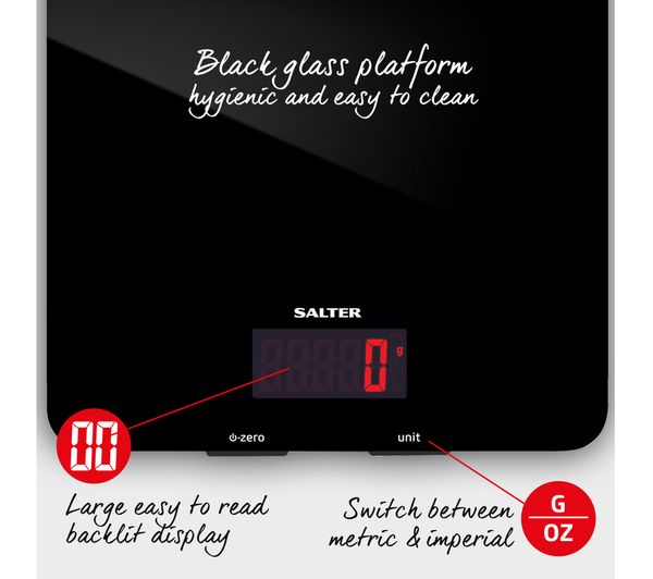 SALTER Black Glass Digital Kitchen Scales, Black