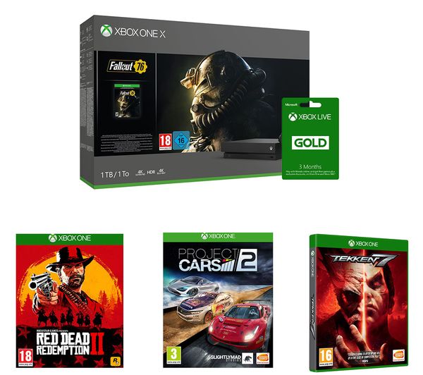 MICROSOFT Xbox One X, LIVE Gold Membership, Fallout 76, Red Dead Redemption 2, Tekken 7 & Project Cars 2 Bundle, Gold