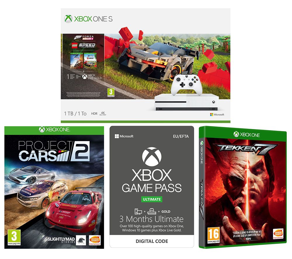MICROSOFT Xbox One S, Forza Horizon 4, LEGO Speed Champions, Tekken 7, Project Cars 2 & Xbox One Game Pass Ultimate Bundle, Gold