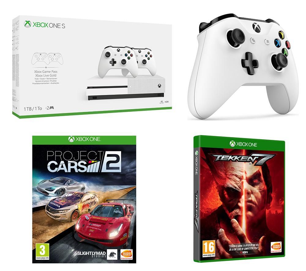 MICROSOFT Xbox One S, Three Wireless Controllers, Tekken 7 & Project Cars 2 Bundle - 1 TB, Gold