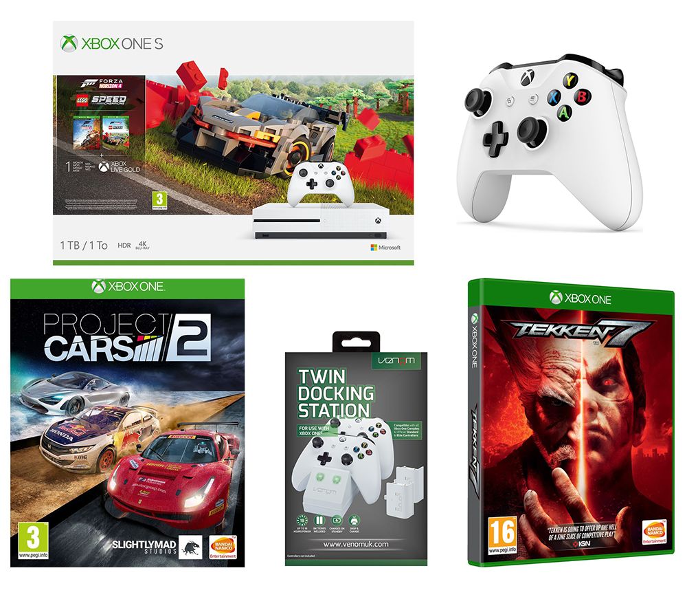 MICROSOFT Xbox One S, Forza Horizon 4, LEGO Speed Champions, Tekken 7, Project Cars 2, Wireless Controller & Docking Station Bundle