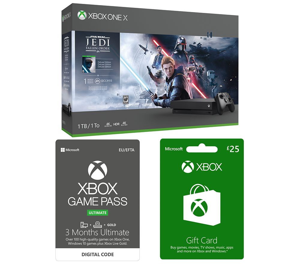 MICROSOFT Xbox One X with Star Wars Jedi: Fallen Order Deluxe Edition, £25 Xbox Live Gift Card & 3 Months Xbox One Game Pass Ultimate Bundle, Gold