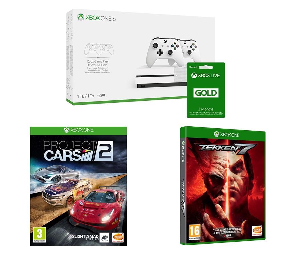 MICROSOFT Xbox One S, Dual Wireless Controllers, Tekken 7, Project Cars 2 & Xbox LIVE Gold Bundle - 1 TB, Gold