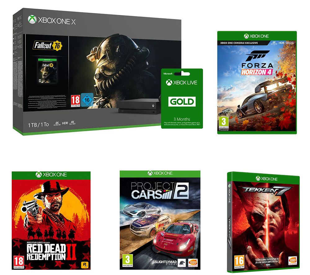 MICROSOFT Xbox One X, LIVE Gold Membership, Fallout 76, Red Dead Redemption 2, Tekken 7, Forza Horizon 4 & Project Cars 2 Bundle, Gold