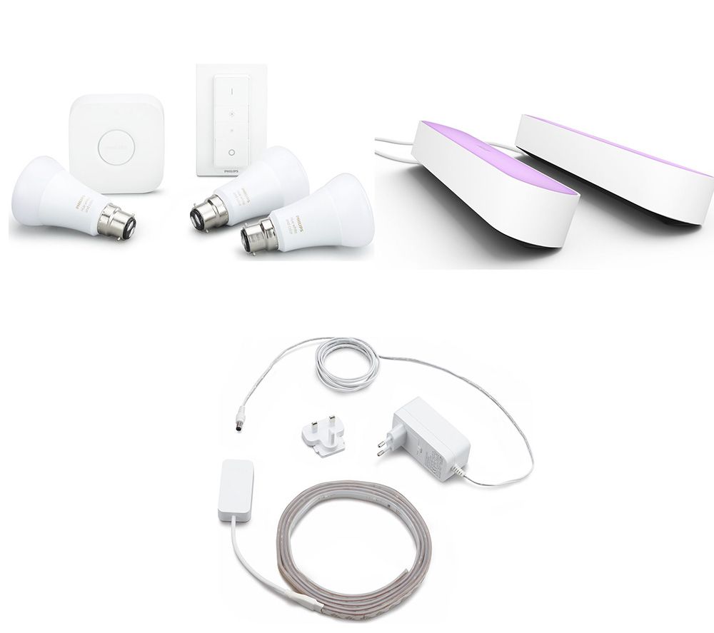 PHILIPS Hue A60 White & Colour Ambience B22 Kit, 2 m Smart LightStrip Plus Kit & Twin Pack Play Light Bar Bundle, White