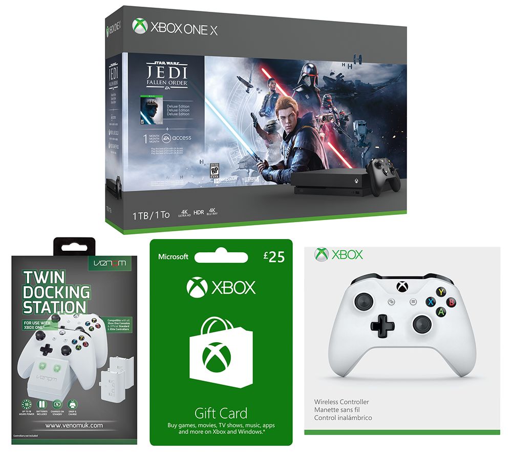 MICROSOFT Xbox One X with Star Wars Jedi: Fallen Order Deluxe Edition, Wireless Controller, Twin Docking Station & £25 Xbox Live Gift Card Bundle