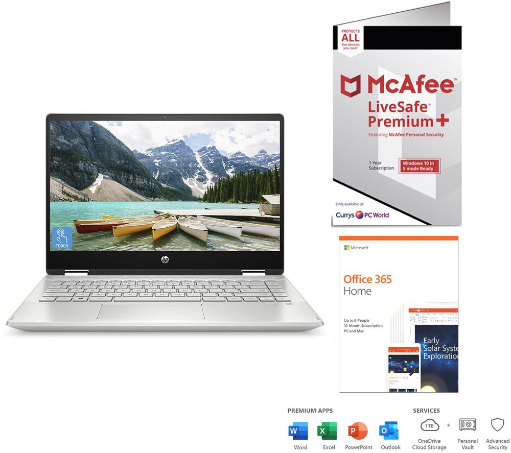 HP Pavilion x360 14" 2 in 1 Laptop, Microsoft Office 365 & McAfee LiveSafe 2020 Bundle