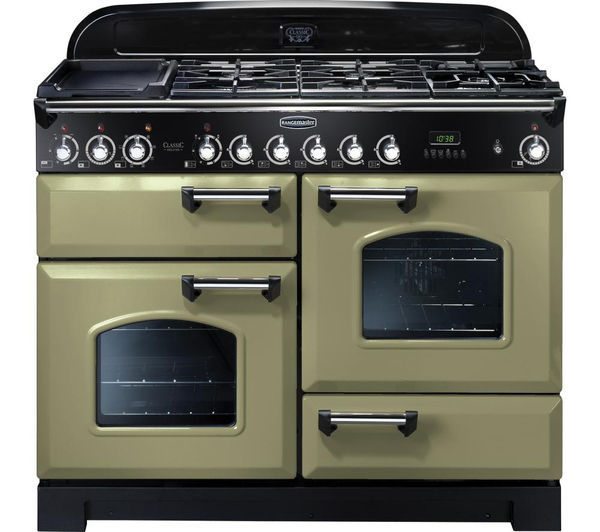 Rangemaster Classic Deluxe 110 Dual Fuel Range Cooker - Olive Green & Chrome, Olive