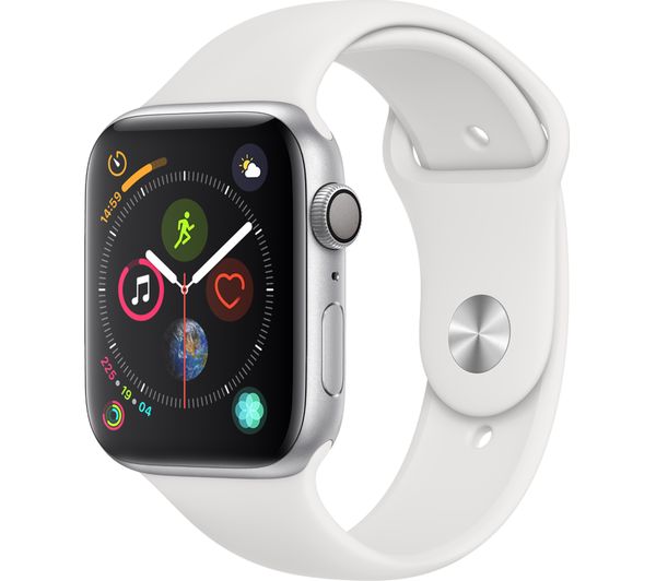 APPLE Watch Series 4 - Silver & White Sports Band, 44 mm, Silver