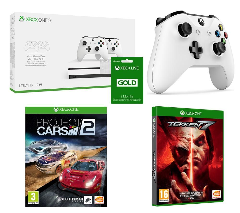 MICROSOFT Xbox One S, Three Wireless Controllers, Tekken 7, Project Cars 2 & Xbox LIVE Gold Bundle - 1 TB, Gold