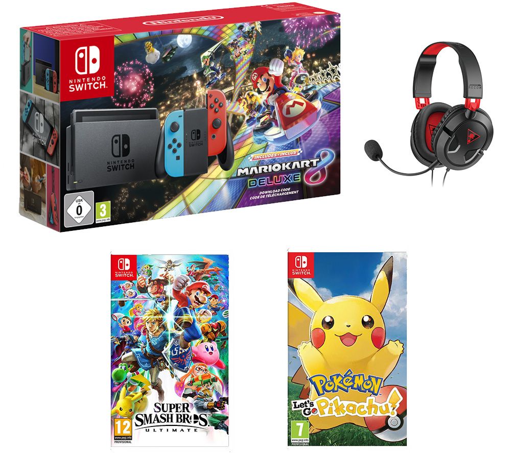 NINTENDO Switch, Mario Kart 8, Super Smash Bros. Ultimate, Pokemon: Let's Go, Pikachu! & Turtle Beach Headset Bundle, Neon