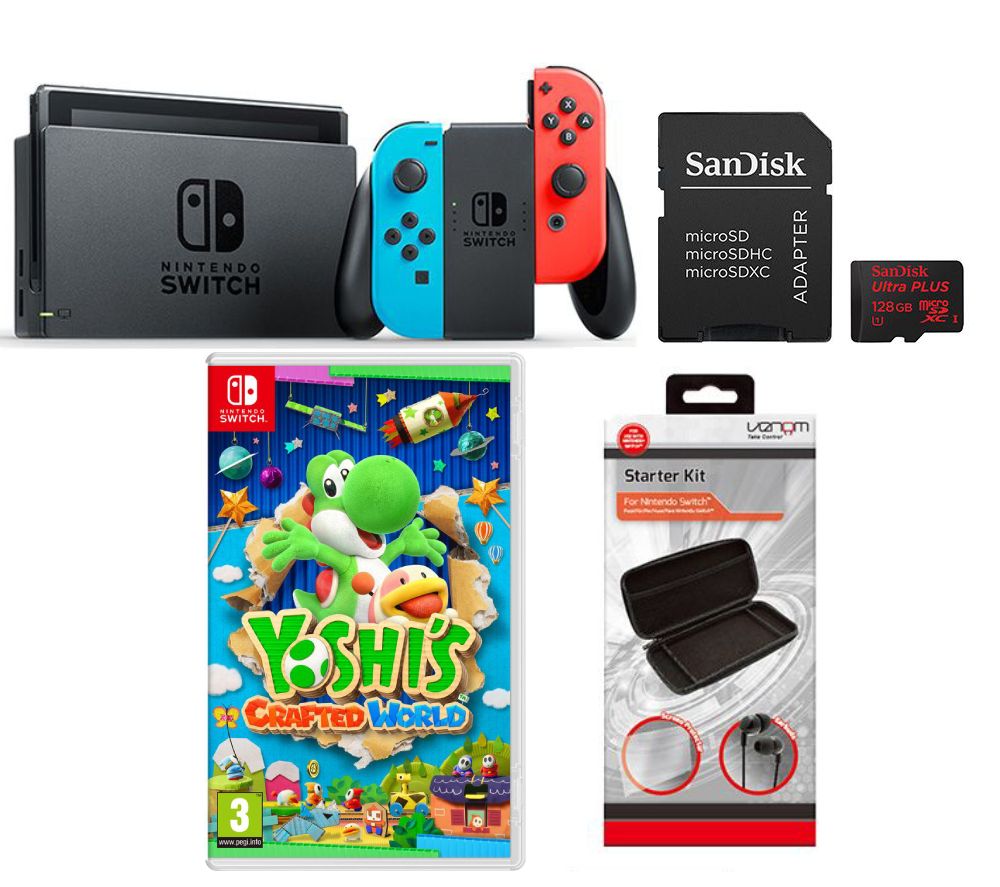 NINTENDO Switch Neon Red & Blue, Yoshi's Crafted World, Memory Card & Switch Starter Kit Bundle, Neon