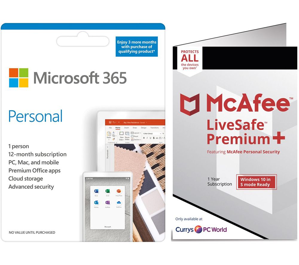 MICROSOFT 365 Personal & McAfee LiveSafe Premium 2020 Bundle - 1 year for 1 user (+ 3 Months MICROSOFT 365 Extra Time)