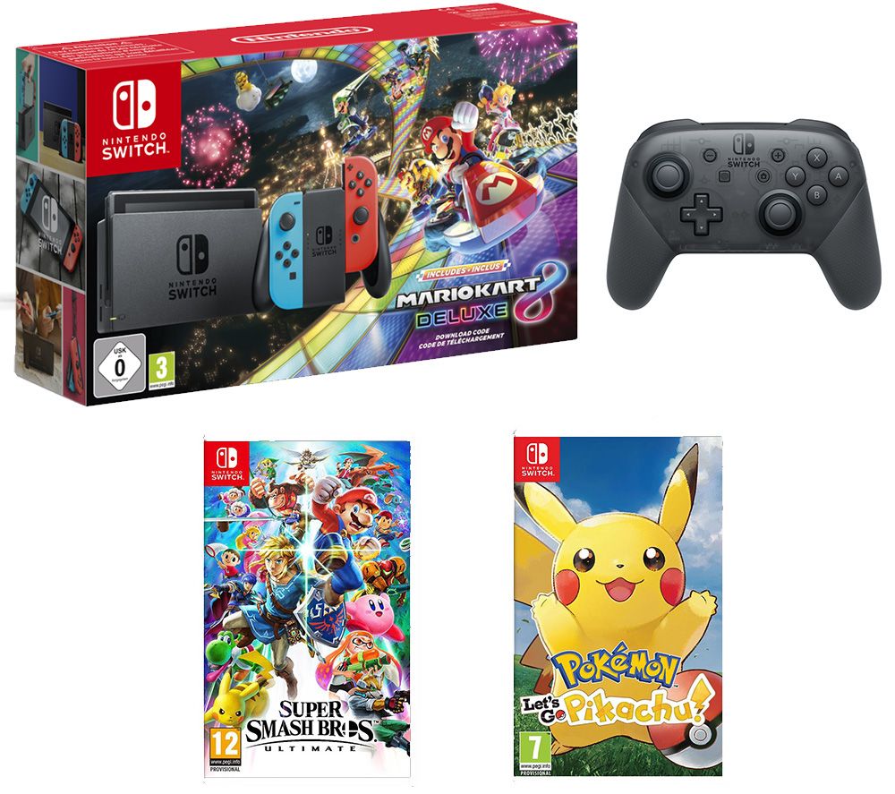 NINTENDO Switch, Mario Kart 8, Super Smash Bros. Ultimate, Pokemon: Let's Go, Pikachu! & Pro Controller Bundle, Neon