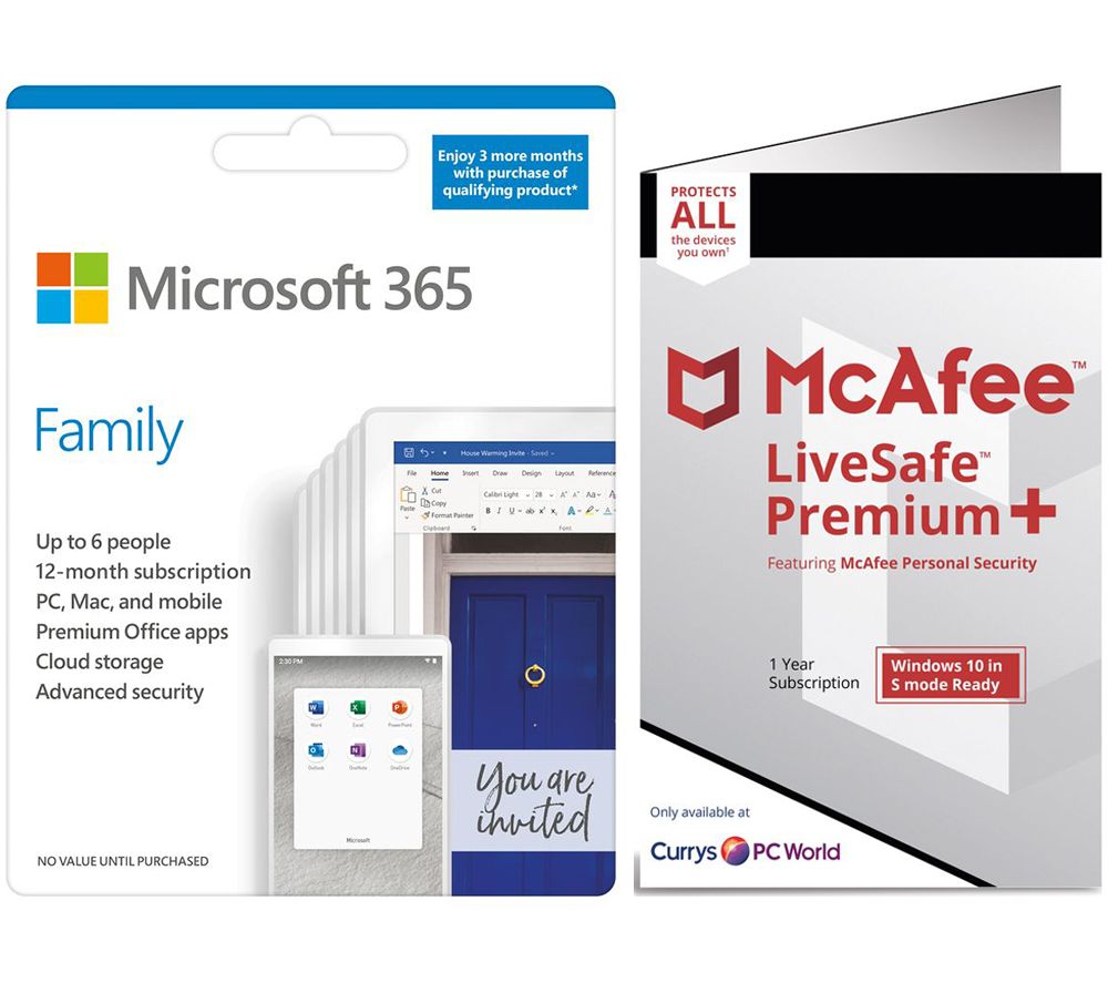 MICROSOFT 365 Family & McAfee LiveSafe Premium 2020 Bundle - 1 year for 6 users (+ 3 Months MICROSOFT 365 Extra Time)