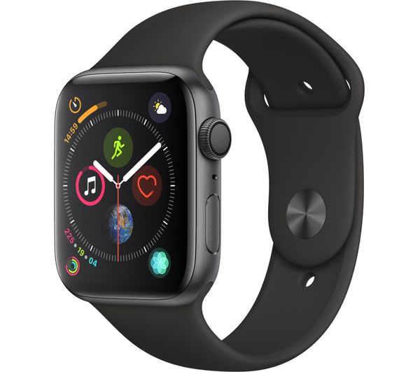 APPLE Watch Series 4 - Space Grey & Black Sports Band, 44 mm, Grey