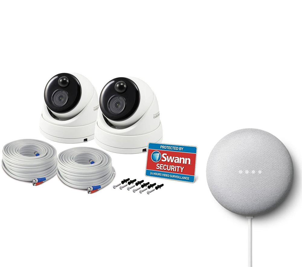 SWANN SWPRO Thermal Sensing Dome Security Cameras & Google Nest Mini (2nd Gen) Bundle, Snow