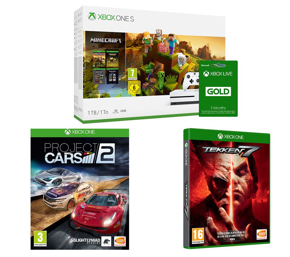 MICROSOFT Xbox One S, Minecraft, Project Cars 2, Tekken 7 & Xbox LIVE Gold Bundle, Gold