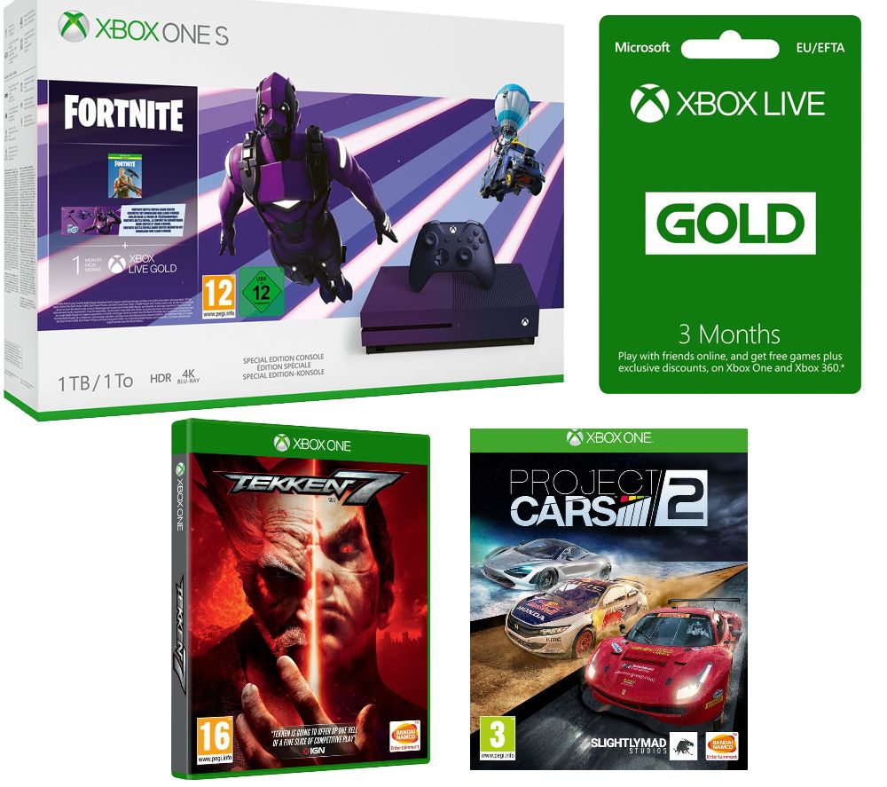 MICROSOFT Special Edition Xbox One S, Fortnite, Tekken 7, Project Cars 2 & 3 Months LIVE Gold Bundle, Gold