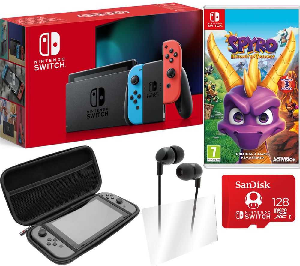 NINTENDO Switch Neon, Spyro Trilogy Reignited, 128 GB Memory Card & Starter Kit Bundle, Neon