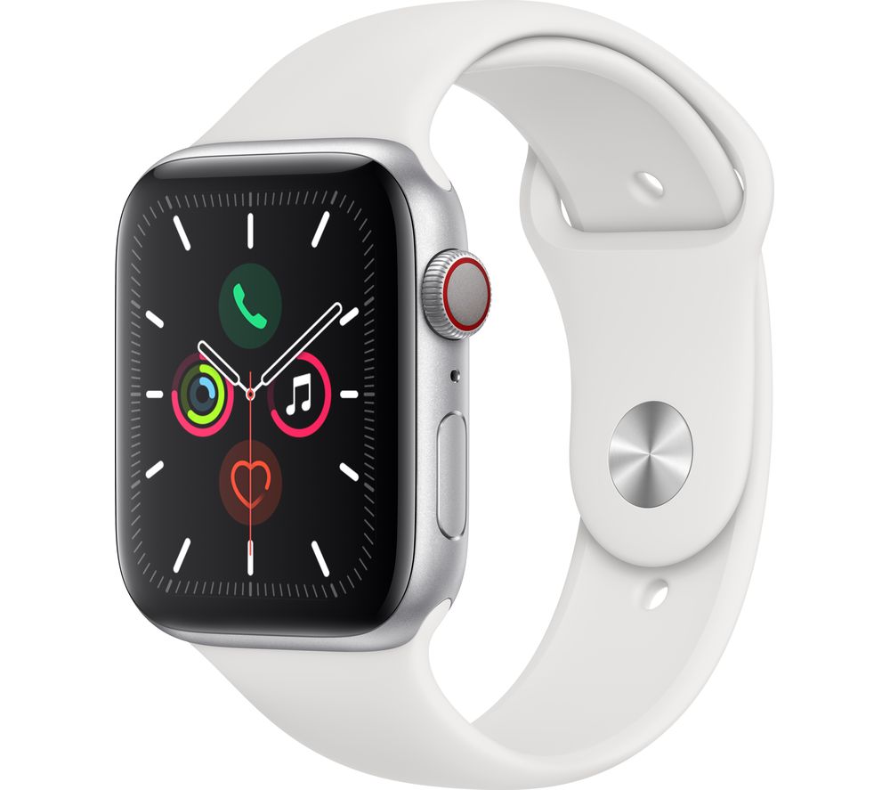 APPLE Watch Series 5 Cellular - Silver Aluminium with White Sports Band, 40 mm, Silver