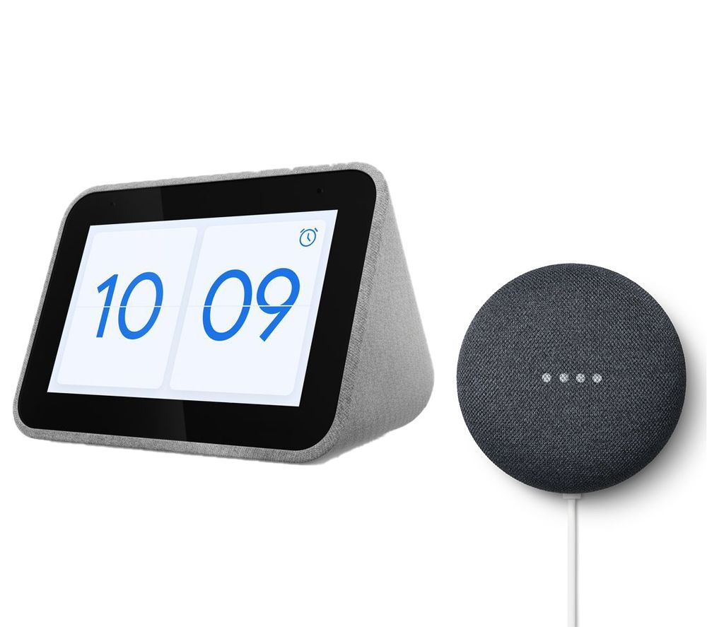 LENOVO Smart Clock with Google Assistant & Charcoal Google Nest Mini (2nd Gen) Bundle, Charcoal