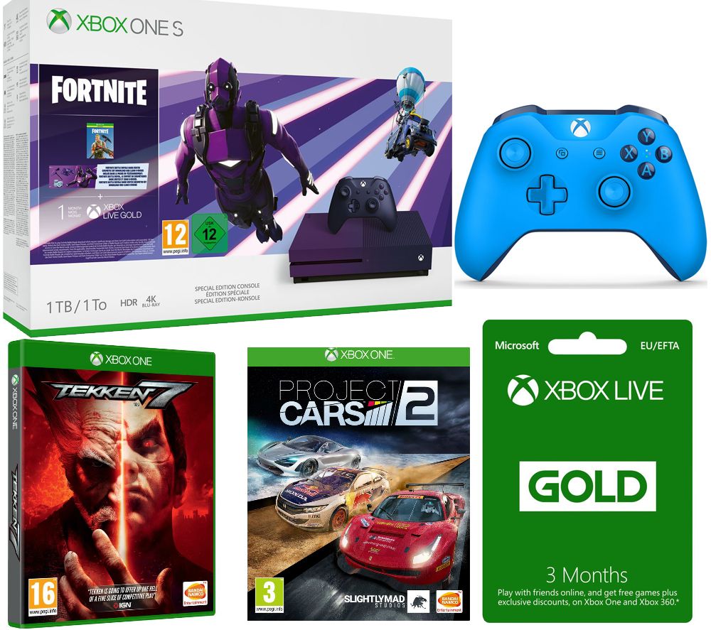 MICROSOFT Special Edition Xbox One S, Fortnite, Tekken 7, Project Cars 2, 3 Months LIVE Gold & Blue Wireless Controller Bundle, Gold