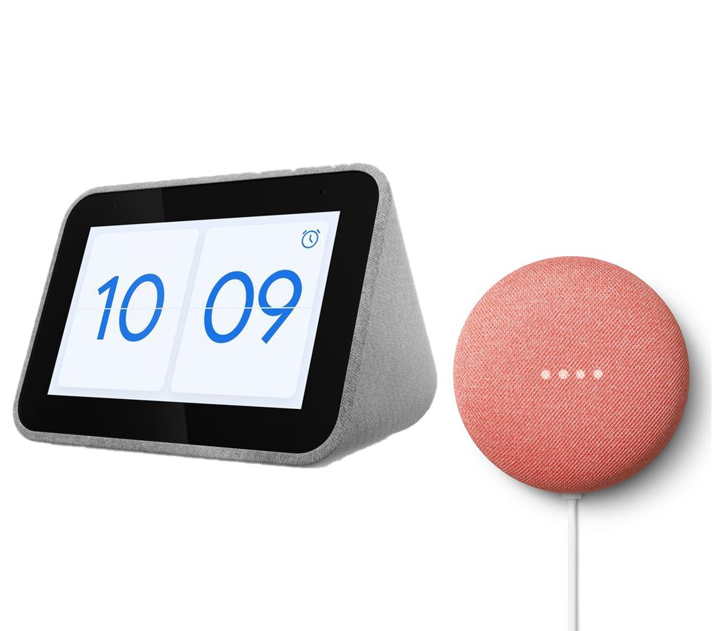 LENOVO Smart Clock with Google Assistant & Coral Google Nest Mini (2nd Gen) Bundle, Coral