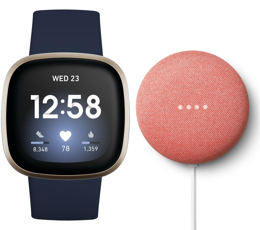 Fitbit Versa 3 & Nest Mini (2nd Gen) Bundle  Midnight & Soft Gold & Coral